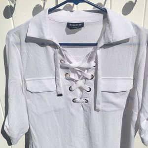 Bebe blouse with tie up front collar